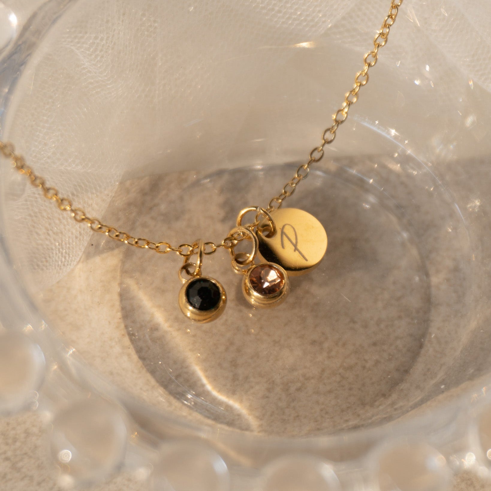 Engraved Initial Necklace with Birthstone - Main Image